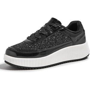 Lucky Step Women's Black Platform Sneakers Rhinestone Fashion Chunky Shoes